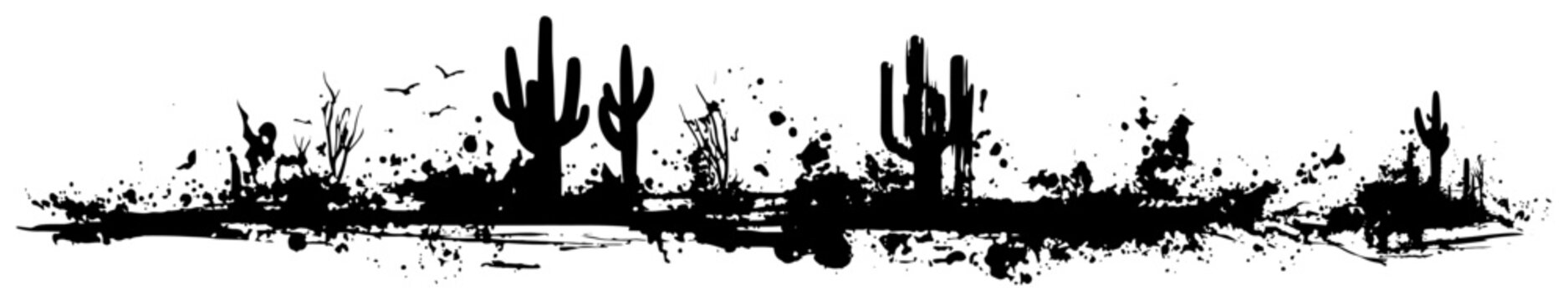 Desert landscape panorama with saguaro cacti silhouettes and creative ink spatter