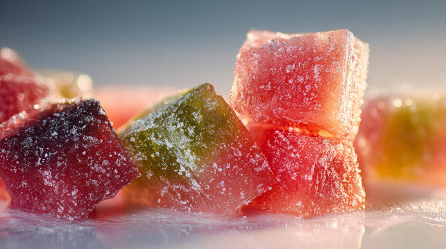 Watermelon chunks frozen with frost, vibrant colors and sparkling light