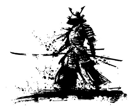 Traditional Japanese samurai warrior silhouette in a dynamic ink splash art style
