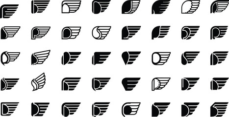 Black and white vector illustration of forty stylized wing logo designs, abstract feather motifs, geometric shapes, minimalist and intricate patterns © MdBalal
