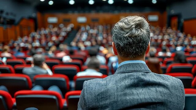Audience attentively watching a speaker at a conference in a modern auditorium setting
