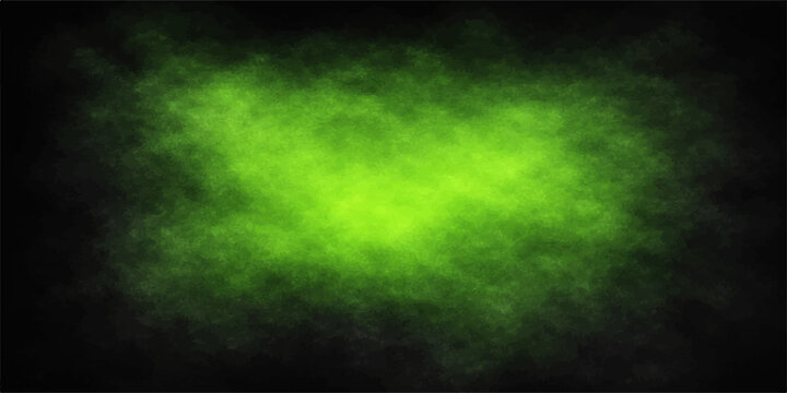 An abstract green and blue background features a bright starry sky filled with dark smoke textures and glowing light clouds across a deep space backdrop