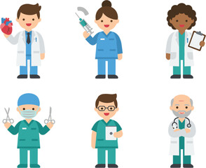 Obraz premium Flat Vector Set of Medical Professionals Including Doctors Surgeons and Nurses Holding Healthcare Equipment Isolated on White Background
