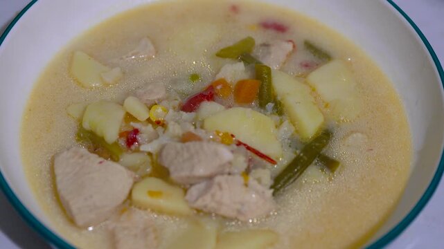 Freshly cooked homemade soup with meat and vegetables in a white round plate
