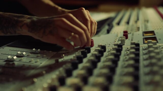Audio Engineer Mixing Music on Professional Studio Console