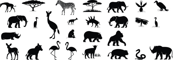 African wildlife silhouette collection featuring elephant, zebra, giraffe, rhino, gorilla and savanna animals, black solid vector icons isolated on white background © MdSakila