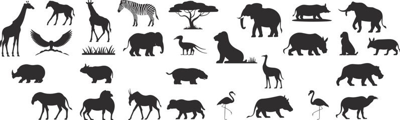 African wildlife animal silhouette set with elephant, giraffe, zebra and lion shapes, black solid vector safari collection isolated on light background © MdSakila