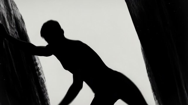 Dark outline of explorer in constrained rocky passage awaiting reveal. Shaded figure cautiously moves through confined rocky opening with dramatic lighting effects