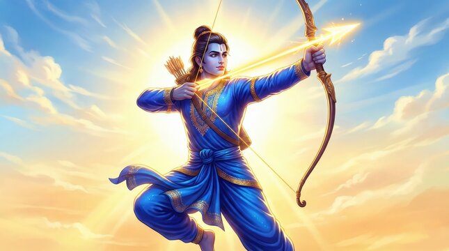 Shree Ram Warrior Stance with Bow &ndash; Golden Halo Spiritual Art