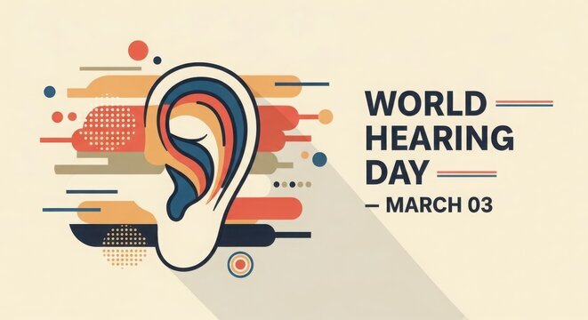 Modern Graphic Illustration with "WORLD HEARING DAY - MARCH 03" Text and Stylized Human Ear Icon
