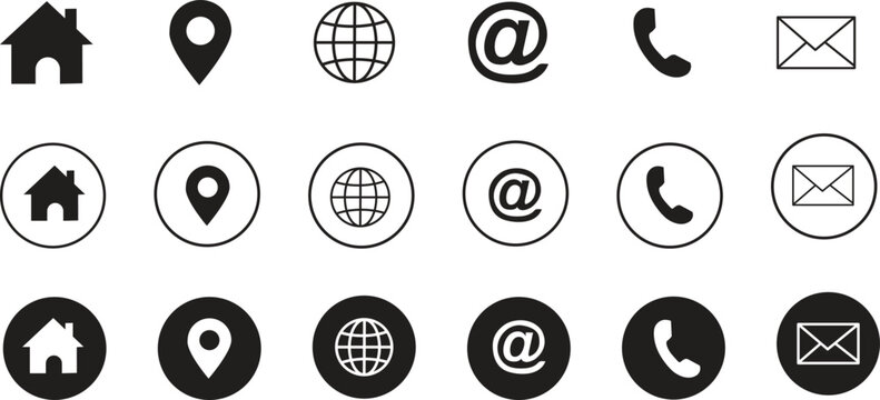 Collection of black and white communication and location icons