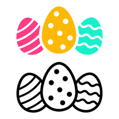Fototapeta premium Colorful Easter Egg Vector Set, Cute Striped, Polka Dot and Wavy Pattern Eggs Illustration with Black Outline Version for Spring Holiday Design, Printable SVG, Clipart, Sticker and T-Shirt Graphics