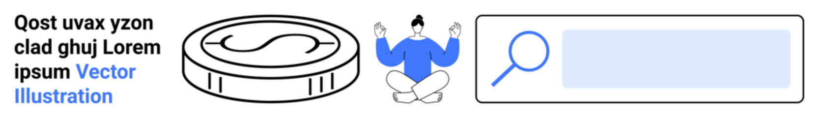 Obraz premium Digital payments, fintech, search tools, modern technology, e-commerce, and online transactions. Visuals include a coin, search bar and person meditating. Digital payments and fintech concept