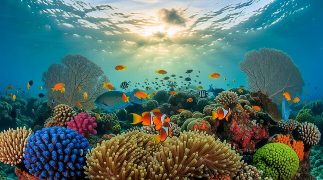 Vibrant Coral Reef Ecosystem with Diverse Tropical Fish Swimming in Crystal-Clear Turquoise Water Under Sunlight - Underwater Paradise Scene