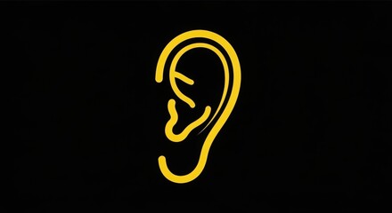 Obraz premium Minimalist Yellow Human Ear Line Art Icon Isolated on Black Background