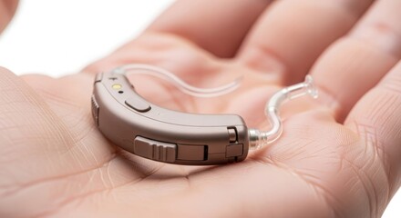 Fototapeta premium Modern digital behind the ear hearing aid resting in the palm of a hand
