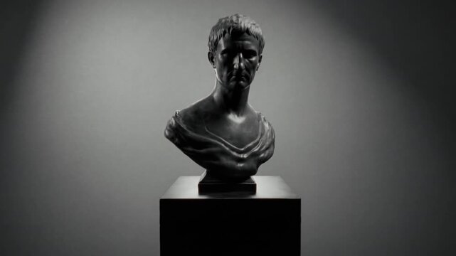 Bronze bust with moody rim light, strong backlight halo, textured patina catching highlights, theatrical composition, high grain film aesthetic, shadowed pedestal creating mystery