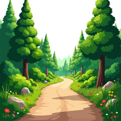 Road through forest landscape with green trees, mountain background and peaceful countryside scenery
