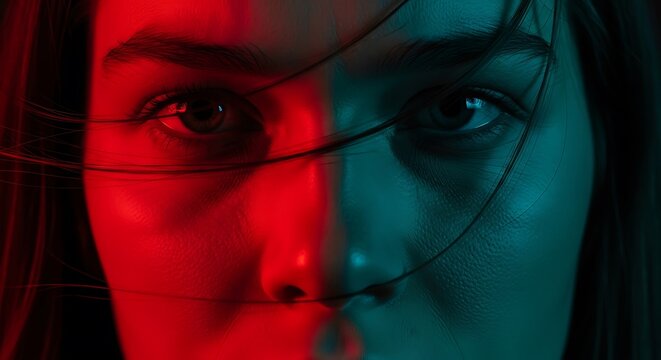 Woman's face split into red and blue halves with futuristic digital lines surrounding her eyes and nose in a high-tech aesthetic and dramatic artistic representation.