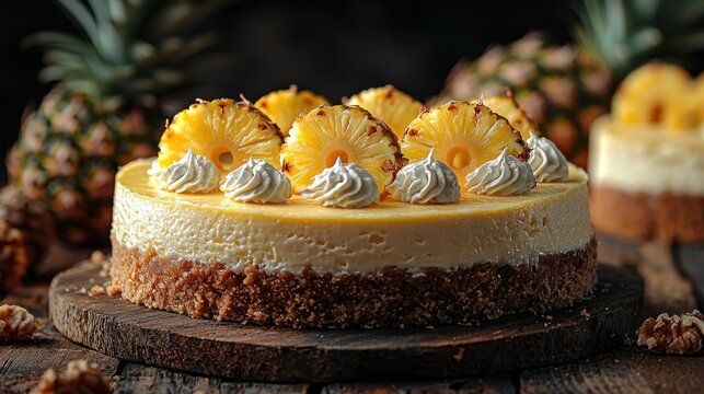 Pineapple cake with swirls on a wooden board with blurred pineapples behind it