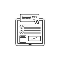 Minimalist Line Icon of Tablet Displaying Interactive Web Page with Cursor Click | Outline Vector Illustration for Mobile App Development, UI/UX, and Online Form Submission Concepts