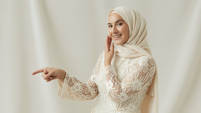 A woman in a white dress with intricate patterns and a headscarf, pointing to the side, isolated on transparent background