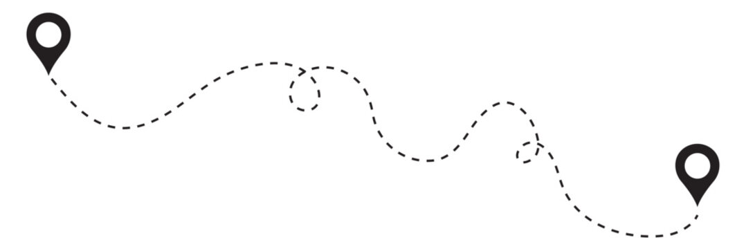 Route icon - two points with dotted path and location pin. Route location icon two pin sign and dotted line. Travel vector icon. Travel from start point and dotted line tracing.