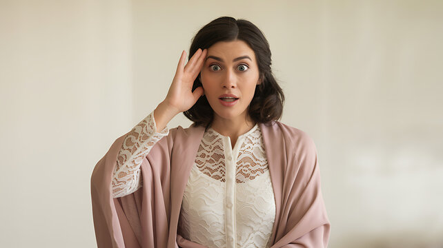 A woman in a pink sweater touching her forehead with a thoughtful expression isolated on transparent background