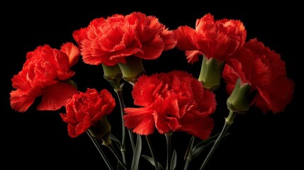 Beautiful close-up of vibrant red carnations arranged artistically against a black background, showcasing their delicate petals and lush green stems