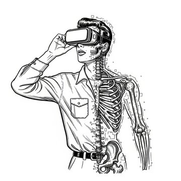 man wearing VR goggles looks away, with half his body transforming into a digital skeleton structure sketch engraving generative ai vector illustration.