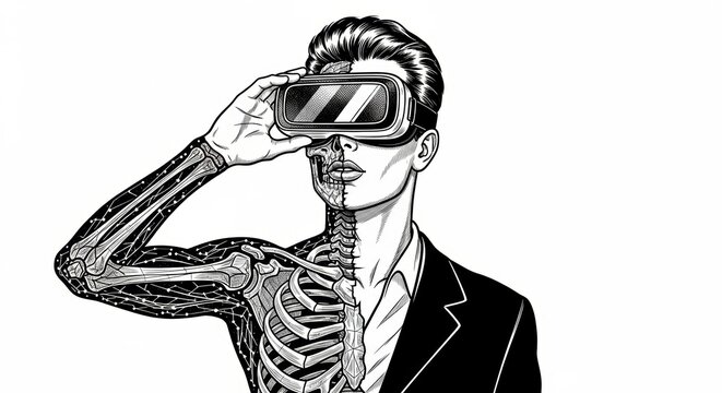 man wearing VR goggles looks away, with half his body transforming into a digital skeleton structure sketch engraving generative ai vector illustration.