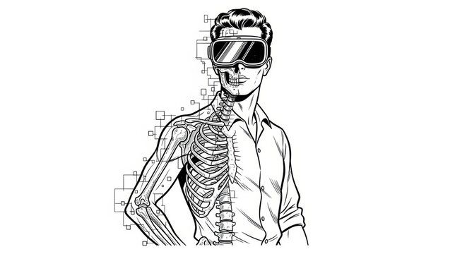 man wearing VR goggles looks away, with half his body transforming into a digital skeleton structure sketch engraving generative ai vector illustration.