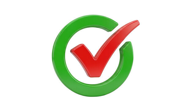 Glossy 3d rendering of a red check mark inside a green circular frame isolated on white background