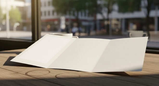 Blank Tri-Fold Brochure Mockup Template on Cafe Table. Photorealistic 3D render of menu or leaflet displayed in a sunny coffee shop setting with blurred city background.