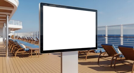 Blank digital signage screen mockup template on a cruise ship sundeck, surrounded by wooden lounge chairs overlooking the blue ocean under a sunny sky. Blank digital signage screen mockup template on a cruise ship sundeck, surrounded by wooden lounge chairs overlooking the blue ocean under a sunny sky.