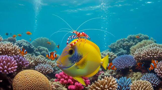 Vibrant coral reef scene featuring a yellow fish with a cleaner shrimp perched on its head surrounded by colorful tropical fish and diverse marine life in crystal-clear turquoise water