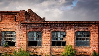 Fototapeta premium facade of old industrial building with broken windows weathered brick walls and abandoned design show a vintage aesthetic this photo evokes nostalgia for urban exploration