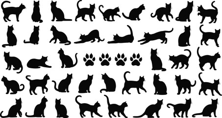 Black cat silhouettes vector illustration, multiple feline poses, decorative paw prints icons, creative pet artwork collection, playful animal design elements © MdBalal