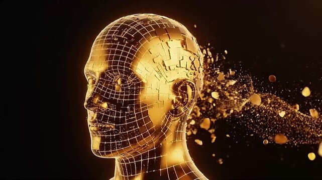 Golden 3D wireframe human head dissolving into particles on black background.