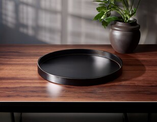 modern dark wood desk with a black coffee tray adorn