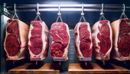 prime beef cuts dry age on hooks in cold storage marbled meat hangs in butcher shop freezer ready for gourmet cooking premium steak awaits preparation in chilled room