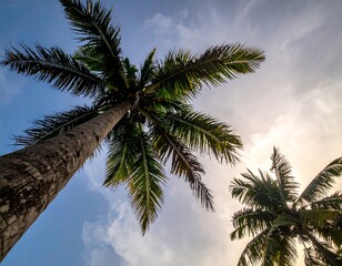 Fototapeta premium Low-angle shot of tall tropical palms reaching toward a bright, partly cloudy sky. Sunlight filters through the fronds