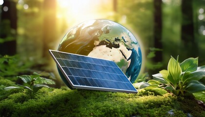 solar panel stands among green plants near forest earth globe represents eco energy solutions eco protection clean electricity green technology ecological lifestyle sustainability theme