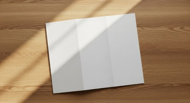 Blank open tri-fold brochure mockup on a wooden table illuminated by window shadow overlay, top view template for corporate design, branding, and advertising collateral.