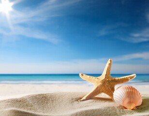 tranquil beach scene with seashell and starfish on soft sand under bright blue sky