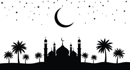 Islamic mosque silhouette with domes and minarets, palm trees landscape, crescent moon and stars night sky, Ramadan Eid celebration vector illustration © Creative_Designer 