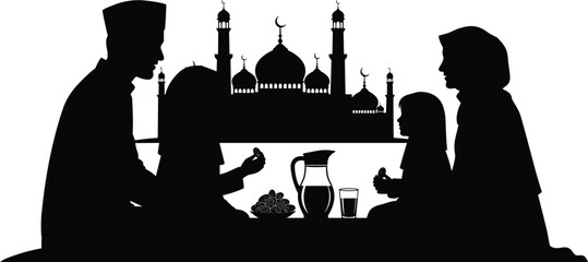 Muslim family sharing Ramadan meal together, mosque silhouette background with domes and minarets, Islamic cultural unity artwork, festive vector illustration © Creative_Designer 