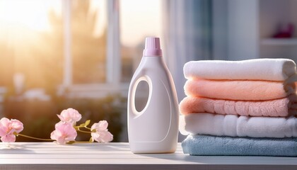 white plastic detergent bottle with pastel towels on soft sunlight background for laundry advertising