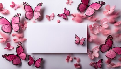 white blank invitation card and pink butterflies on a white background
