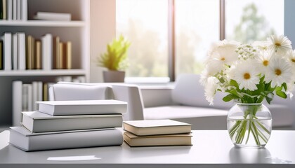 white psychologist office with books and flowers blurred light room